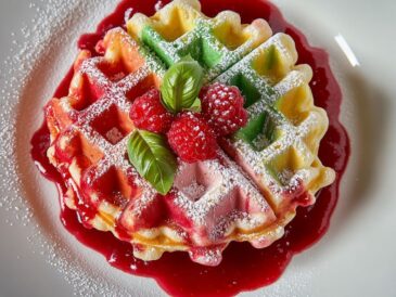 Savourez cette recette de gaufre couleur arc-en-ciel framboise et basilic