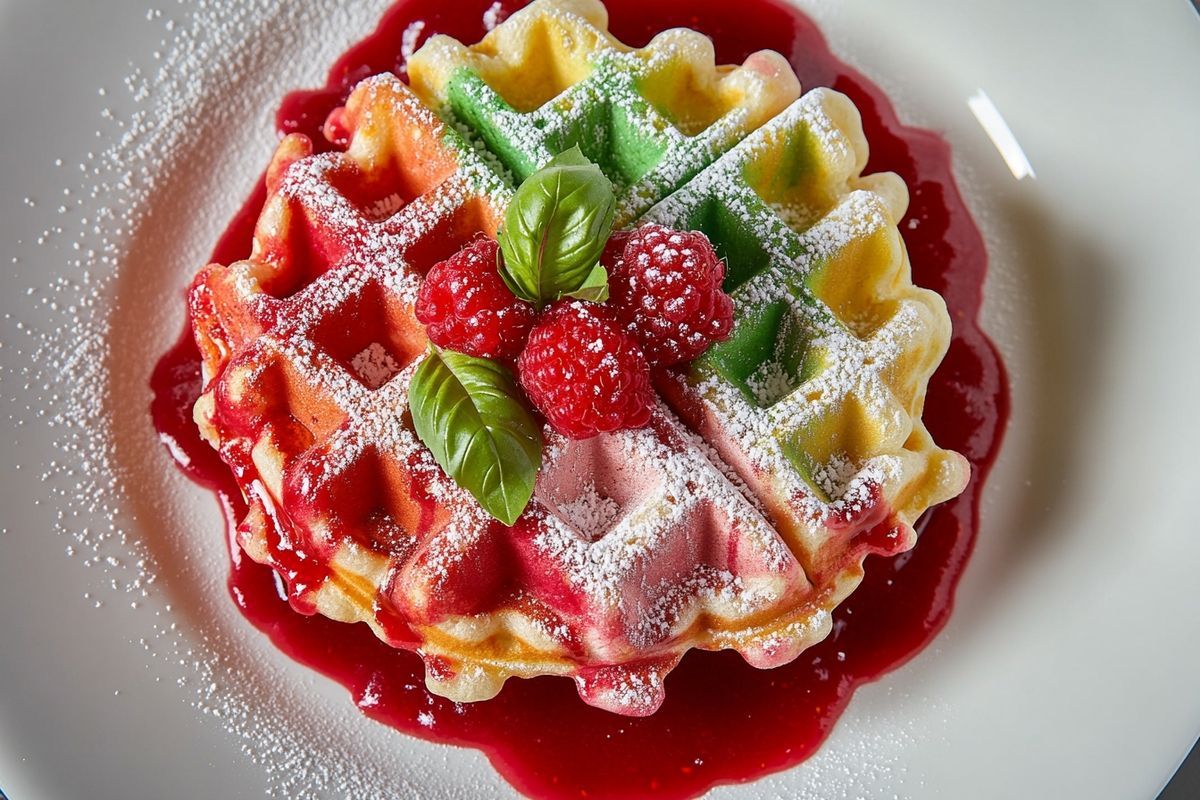 Savourez cette recette de gaufre couleur arc-en-ciel framboise et basilic