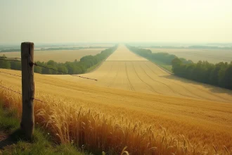 Vaste paysage agricole de champs de blé s'étendant à l'horizon illustrant une superficie de 10 000 hectares convertie en km²