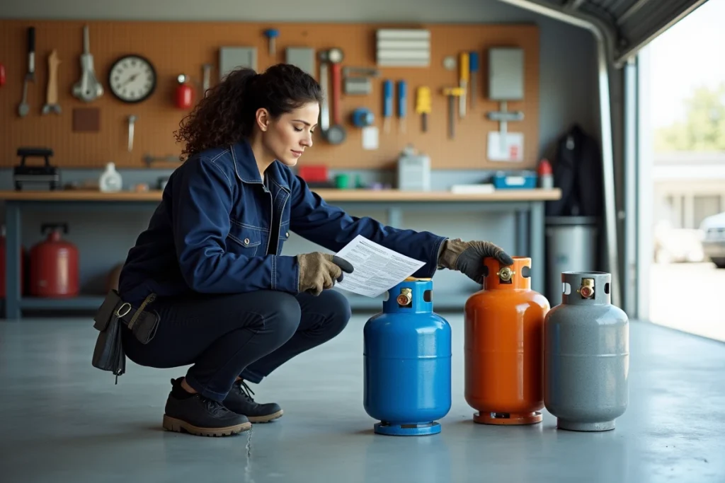 Femme comparant trois types de bouteilles de gaz butane propane et mixte dans un garage avec fiche technique à la main