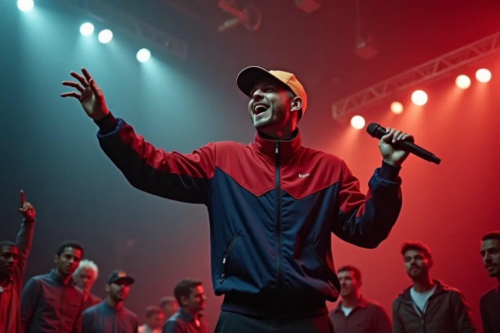 Rappeur français en pleine performance sur scène tenant un micro, incarnant l'ego trip devant un public en concert