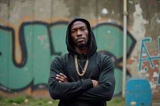 Jeune rappeur français posant avec assurance devant un mur tagué en banlieue, illustrant le concept d'ego trip dans le rap français
