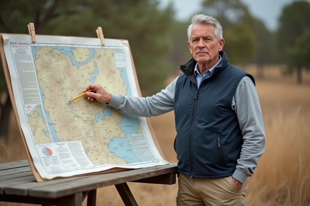 Géomètre examinant une carte topographique sur le terrain pour mesurer et comparer des superficies en hectares et kilomètres carrés