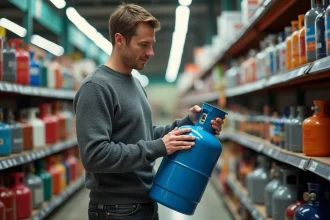 Homme en quincaillerie comparant des bouteilles de gaz propane sur les étagères d'un magasin de bricolage
