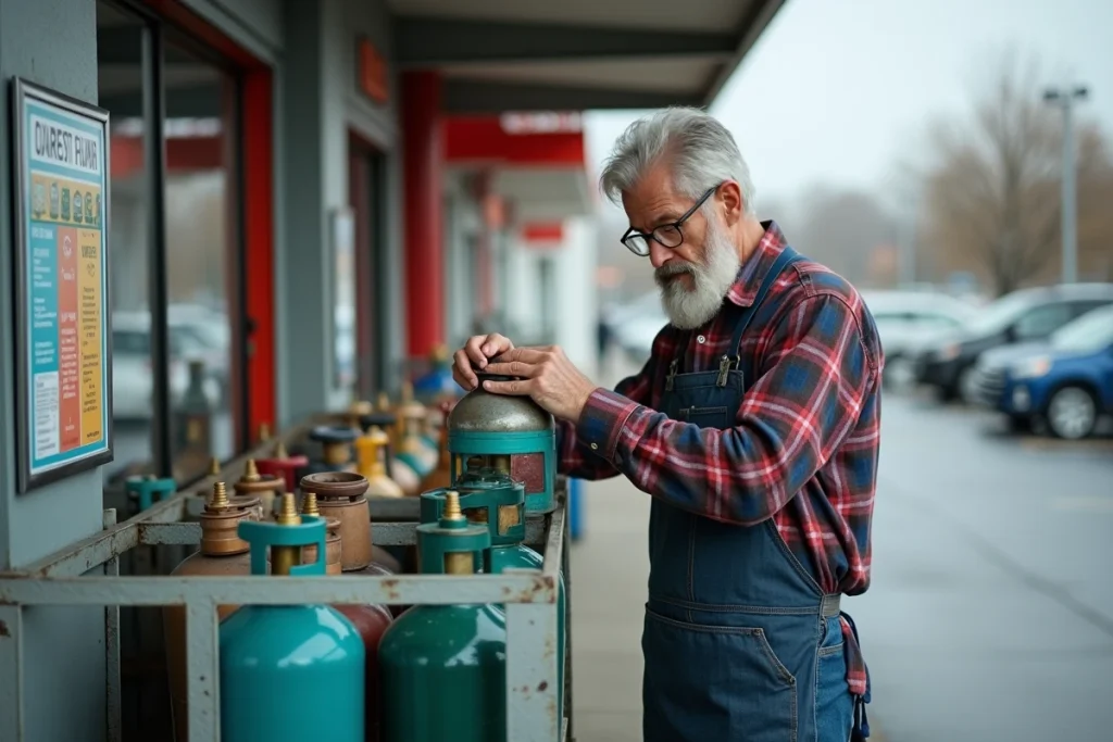 Homme inspectant le connecteur et le col de sécurité d'une bouteille de gaz butane à un point de consigne en supermarché