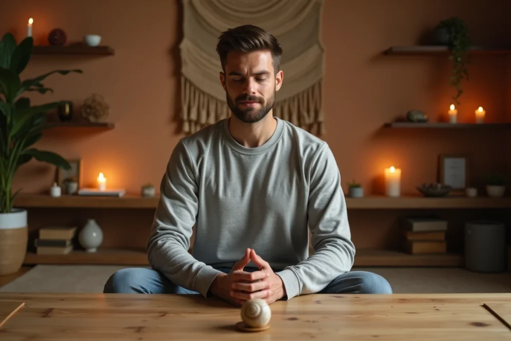Homme en méditation face à un autel spirituel avec une coquille d'escargot symbolisant la sagesse intérieure