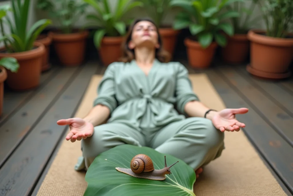 Femme allongée en posture de méditation sur un tapis de yoga avec un escargot sur une feuille verte évoquant la lenteur spirituelle