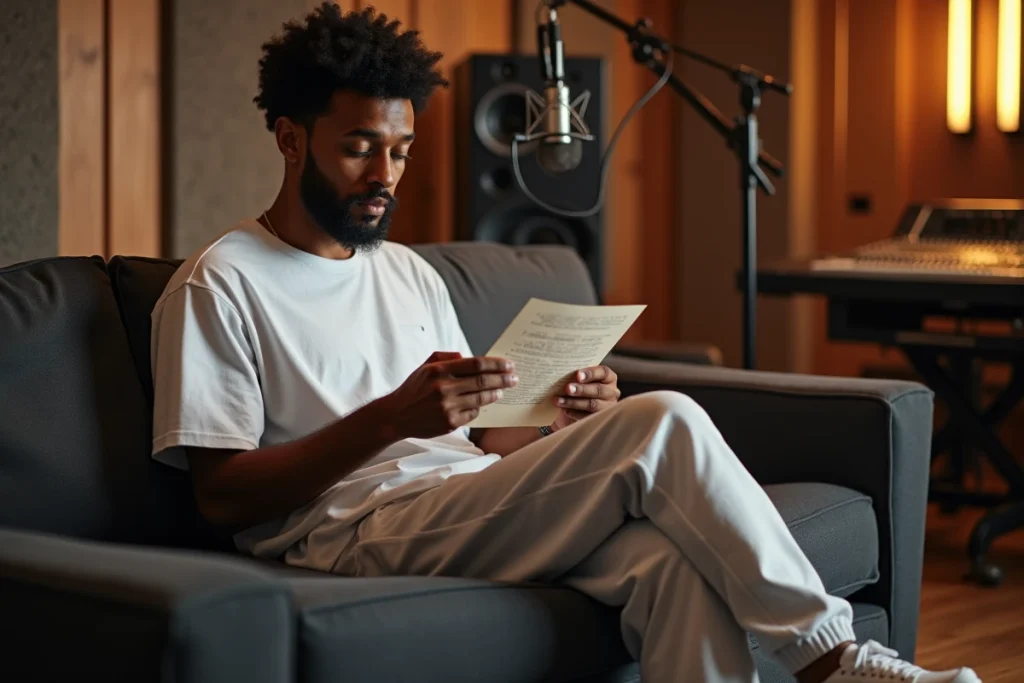 Rappeur en studio d'enregistrement relisant ses paroles d'ego trip, ambiance authentique et créative du rap francophone