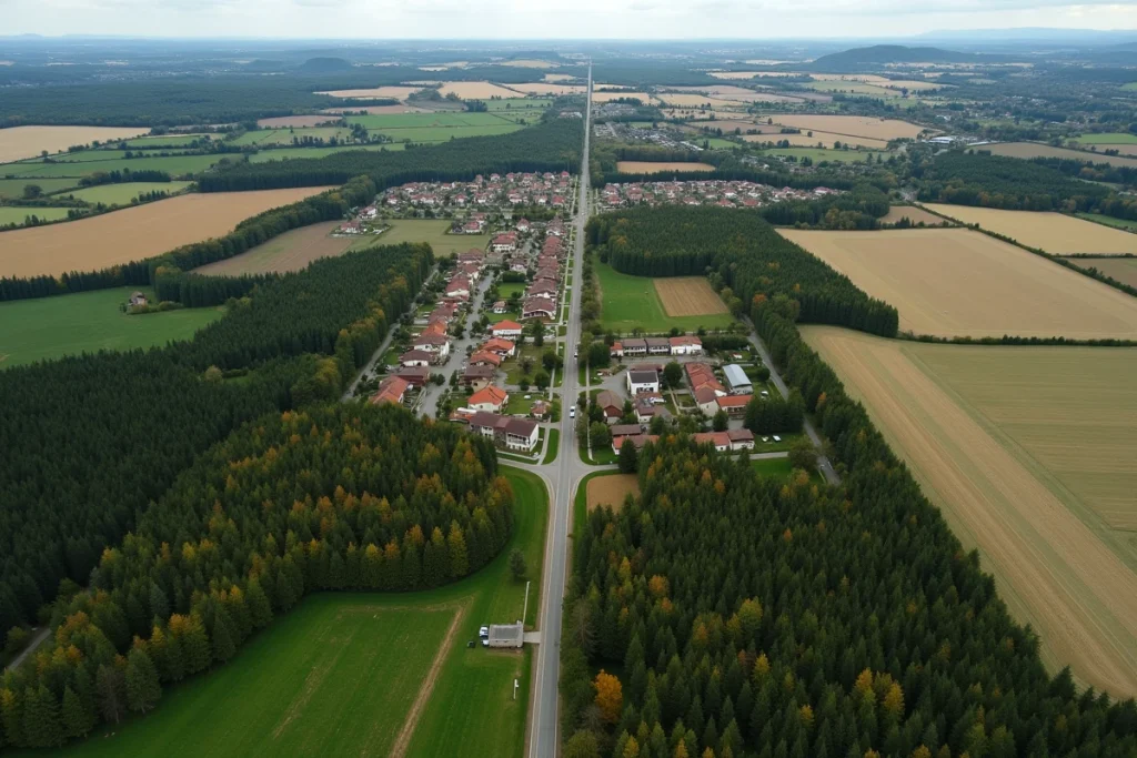 Vue aérienne d'un patchwork de parcelles agricoles et forestières illustrant concrètement la superficie de 10 000 hectares en kilomètres carrés
