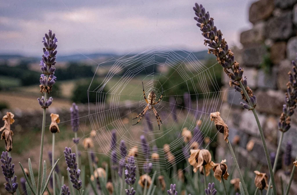 Araignée de jardin sur sa toile entre des tiges de lavande au crépuscule, signification spirituelle du soir