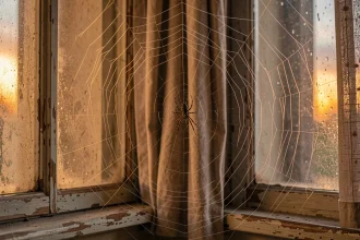 Araignée du soir tissant sa toile dans le coin d'une vieille fenêtre en bois au crépuscule, symbole de spiritualité