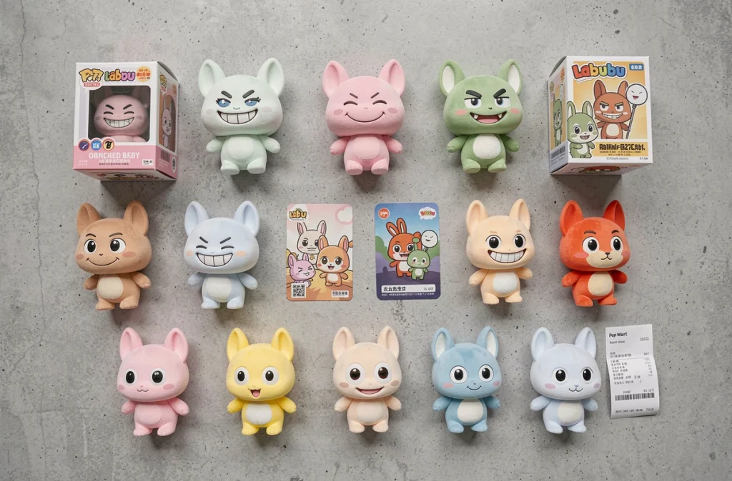 Arrangement flat-lay de plusieurs figurines Labubu de différentes couleurs avec leurs boîtes blind box et accessoires sur fond béton gris clair