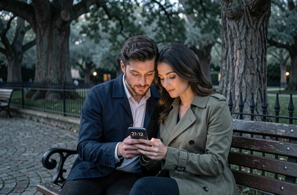 Couple regardant l'heure 21h12 sur un smartphone dans un jardin au crépuscule, évoquant la symbolique amoureuse des heures inversées