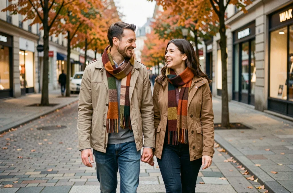 Couple mixte se promenant dans une rue de ville en automne, relation authentique issue d'une rencontre transgenre