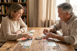 Deux adultes jouant à la crapette autour d'une table en bois avec des cartes disposées en colonnes, soirée jeu de cartes en famille