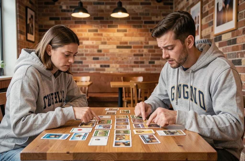 Deux joueurs débutants analysant des cartes de jeu fantasy avec des évolutions de type feu posées sur une table de café, cherchant à comprendre les règles