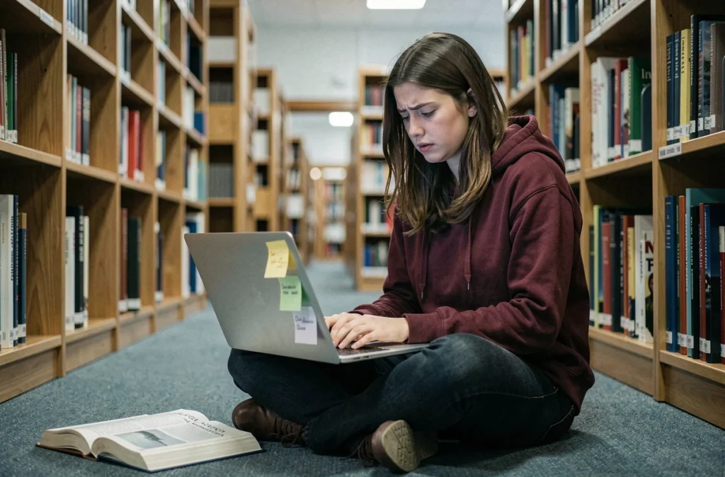 Étudiante en bibliothèque cherchant des alternatives à un correcteur d'orthographe gratuit sur son ordinateur