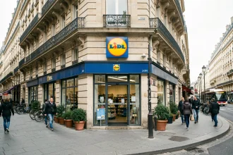 Façade extérieure du magasin Lidl Paris 20 rue des Pyrénées avec devanture jaune et bleue et immeubles haussmanniens en arrière-plan