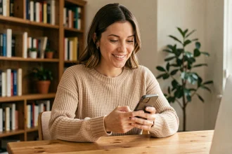 Femme utilisant une application de rencontres transgenres sur son smartphone dans un appartement cosy