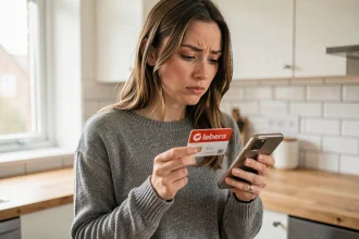 Femme tenant une carte SIM Lebara et consultant son smartphone pour retrouver son numéro de téléphone