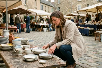 Femme chinant de la vaisselle vintage sur un marché aux puces en France lors d'une brocante 2026