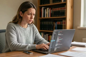 Femme utilisant un correcteur d'orthographe en ligne sur son ordinateur portable dans un bureau à domicile