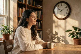 Femme contemplative regardant une horloge affichant 21h12 dans un bureau chaleureux, symbolisant la signification de l'heure miroir amour