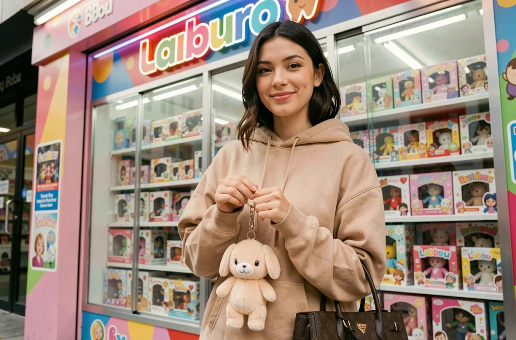 Jeune femme tenant un porte-clés Labubu en peluche accroché à son sac devant une boutique de jouets aux vitrines colorées