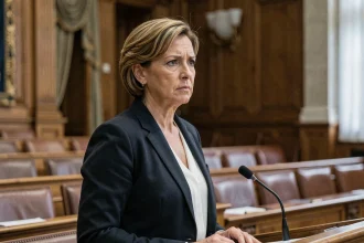 Femme politique en veste sombre à la tribune de l'Assemblée nationale, expression sérieuse dans un cadre institutionnel français