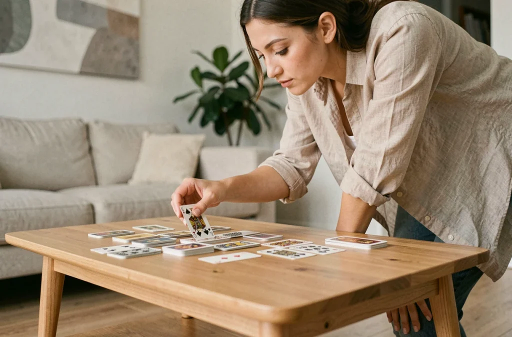Jeune femme organisant les cartes pour une partie de crapette sur une table basse moderne, apprentissage des règles du jeu de cartes