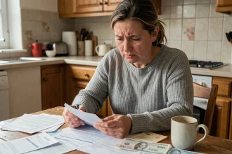 Femme inquiète examinant ses relevés bancaires et ses factures à la table de sa cuisine, illustrant le poids des frais bancaires cachés sur le budget familial
