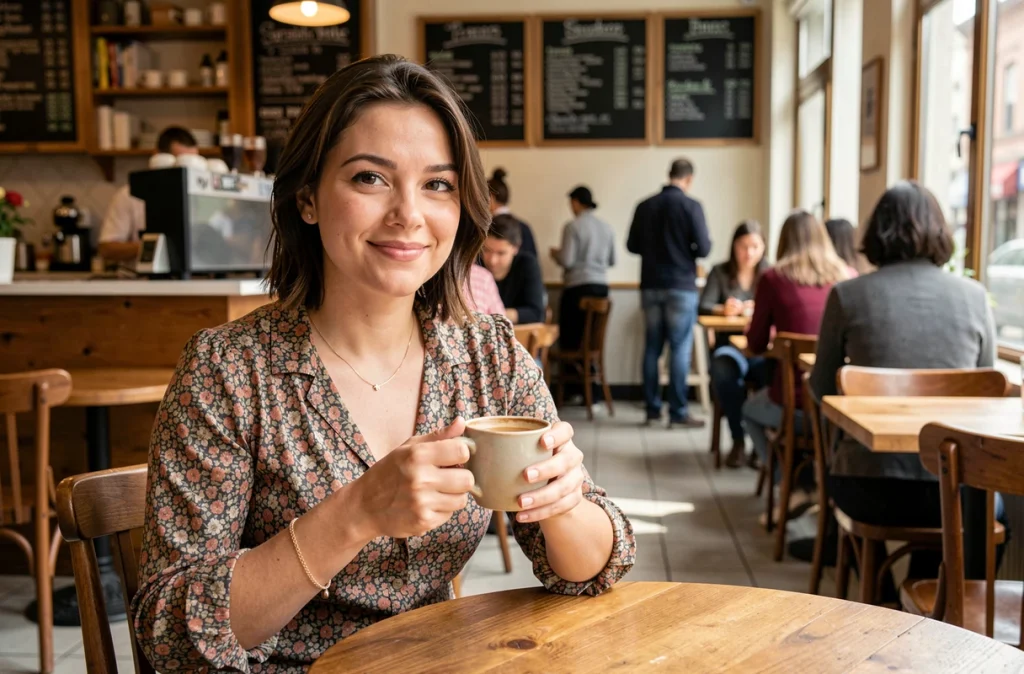 Femme transgenre souriante dans un café urbain tenant une tasse de café, atmosphère authentique
