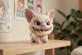 Figurine Labubu en vinyle posée sur une étagère en bois, personnage kawaii aux oreilles pointues et aux dents dentelées dans un décor japonais cosy