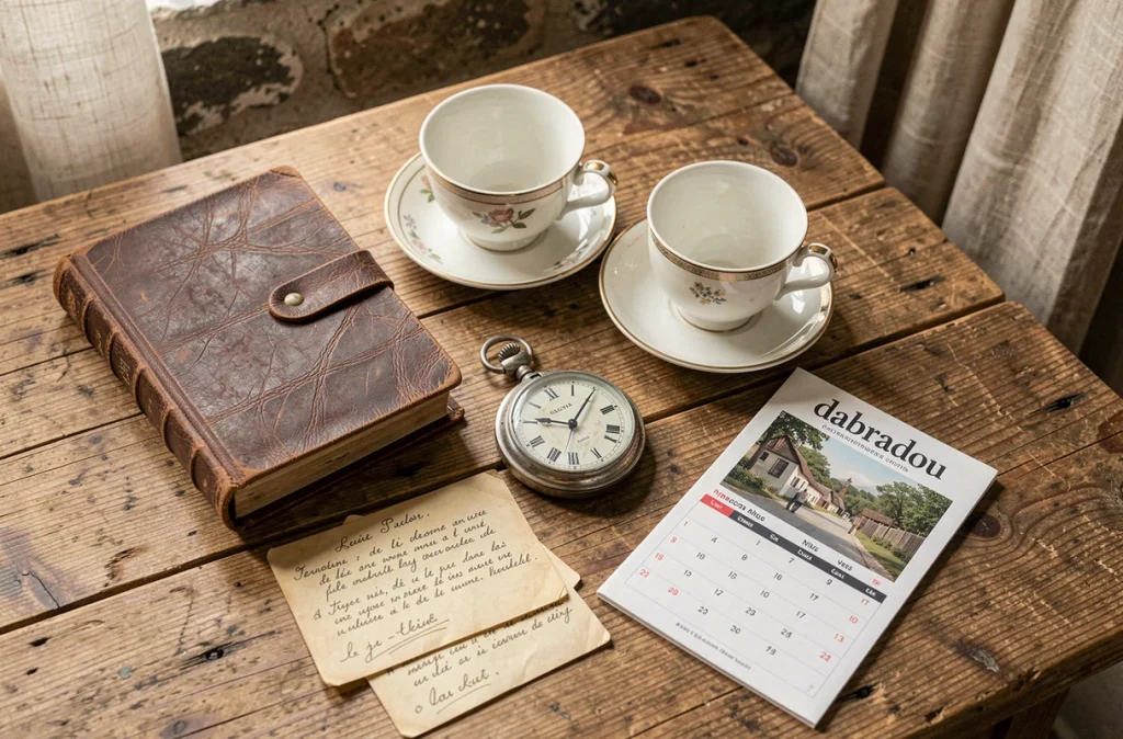 Objets chinés disposés en flat lay avec un calendrier de brocantes dabradou sur une table en bois rustique