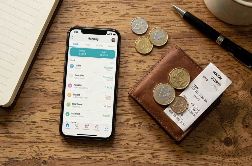 Vue aérienne d'un bureau avec smartphone affichant des frais bancaires, des pièces en euros et un portefeuille, symbolisant l'impact des coûts cachés sur le budget quotidien