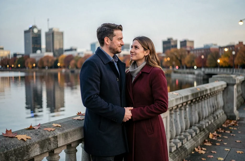 Couple tenant la main sur un pont au crépuscule, évoquant l'amour guidé par les signes célestes et l'heure miroir 20h20