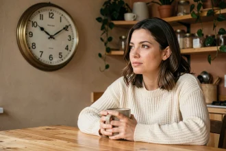 Femme contemplant une horloge affichant 20h20 dans une cuisine chaleureuse, symbolisant l'heure miroir et le message de l'ange gardien en amour