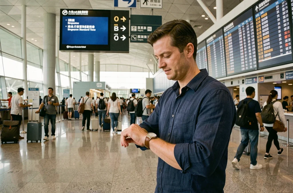 Voyageur consultant sa montre et l'heure locale à l'aéroport de Changi à Singapour avec tableau des départs visible en arrière-plan