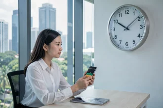 Femme professionnelle à Singapour consultant l'heure locale sur une horloge murale et son smartphone dans un bureau moderne avec vue sur la skyline
