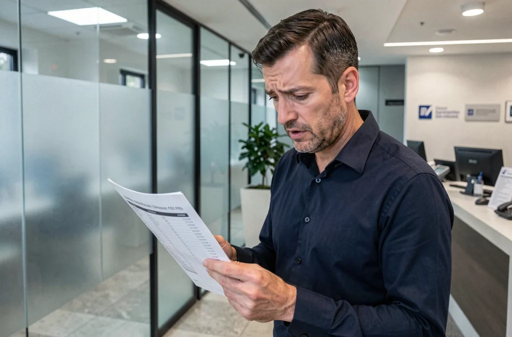 Homme lisant attentivement un document de tarification bancaire au guichet d'une agence, représentant la complexité des frais cachés imposés aux clients