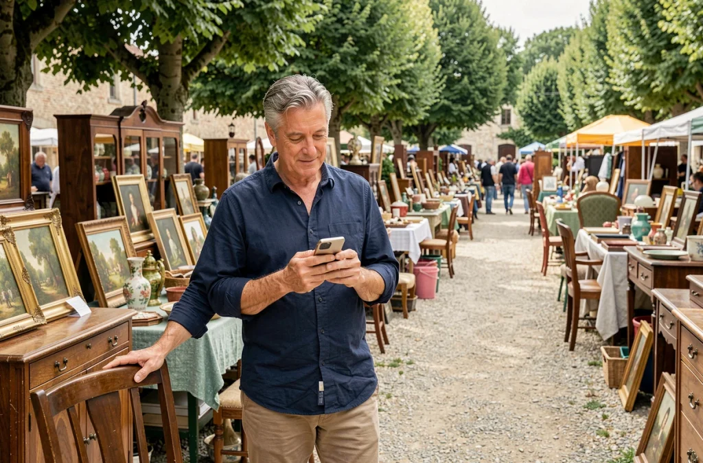 Homme consultant une application de calendrier de brocantes sur smartphone au marché aux puces