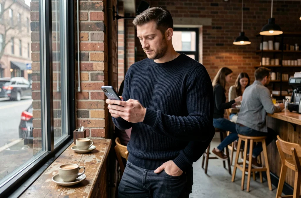 Homme dans un café regardant l'heure 1h11 sur son téléphone, signe flamme jumelle