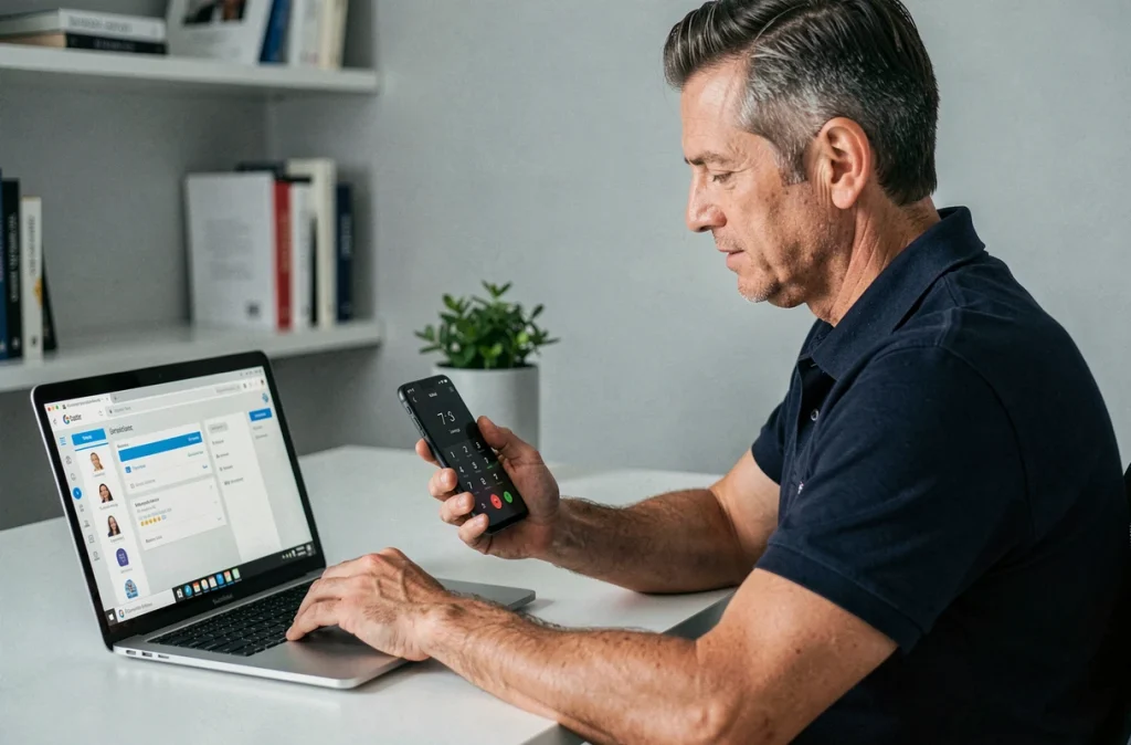 Homme consultant son compte Lebara en ligne sur laptop et smartphone pour retrouver son numéro