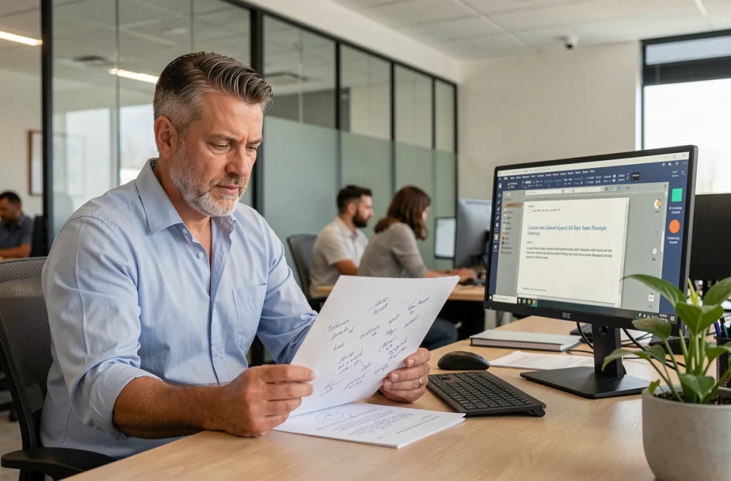 Homme en bureau corrigeant un document imprimé avec un correcteur orthographique sur écran