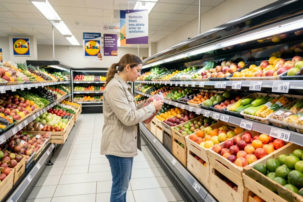 Rayon fruits et légumes à l'intérieur du Lidl Paris 20 avec une cliente faisant ses courses parmi les produits frais