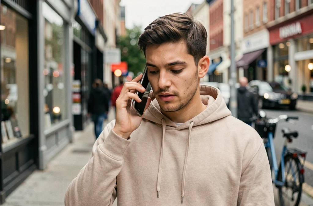 Jeune homme vérifiant son numéro Lebara via code USSD sur son smartphone dans la rue en ville