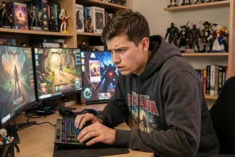 Joueur de jeu de cartes fantasy concentré devant ses écrans affichant une évolution de feu spectaculaire, commettant des erreurs typiques de débutant