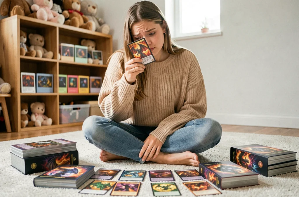 Jeune joueuse débutante examinant attentivement une carte de méga évolution flamme entourée de classeurs de cartes de jeu fantasy sur le sol de sa chambre