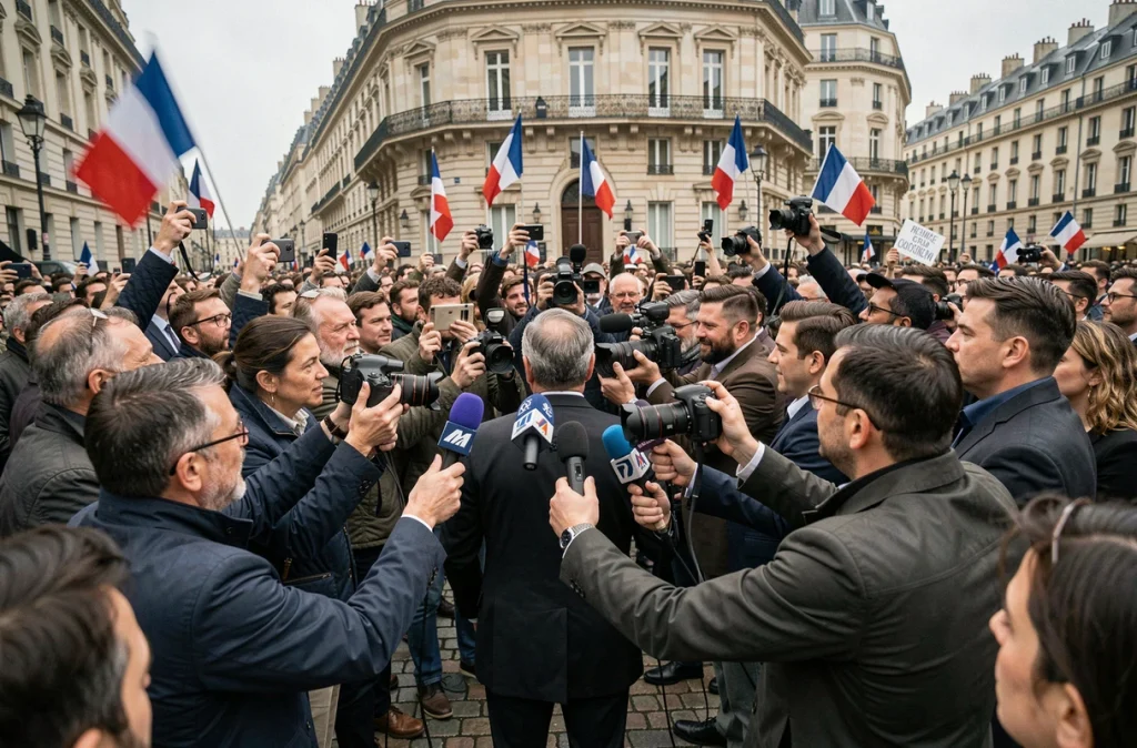 Foule de journalistes et manifestants devant un bâtiment gouvernemental parisien lors d'une polémique politique médiatique