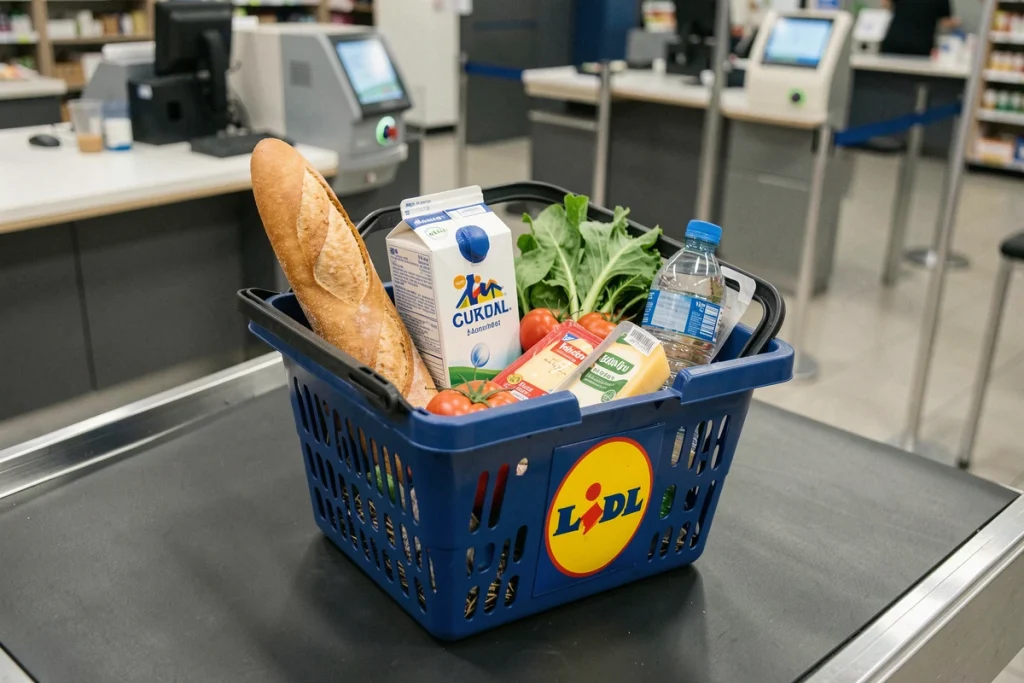 Panier de courses Lidl posé sur un tapis de caisse avec produits alimentaires typiques du quotidien en France